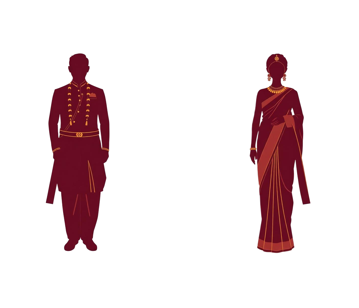 Faceless illustrated silhouettes of the bride and groom in traditional attire